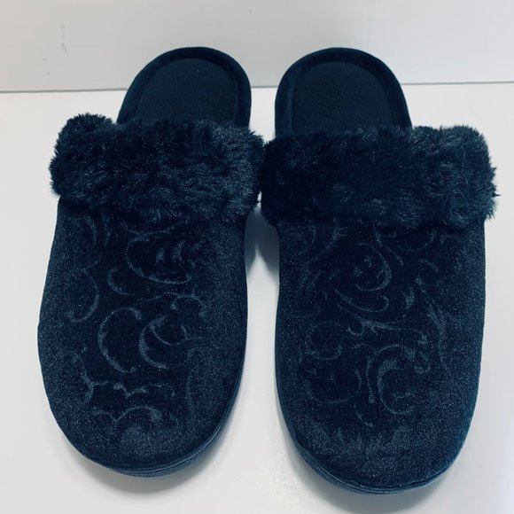 Isotoner Womens Slide Slippers Size L/9 Black Faux Fur Rose Pattern Memory Foam - Picture 10 of 11